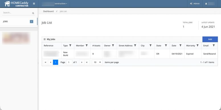 Job tracking list in the HomeCaddy platform