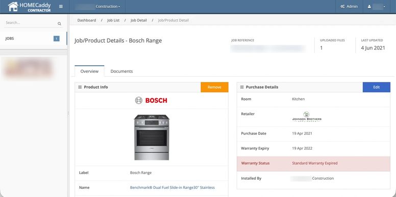 Product detail view in the HomeCaddy platform