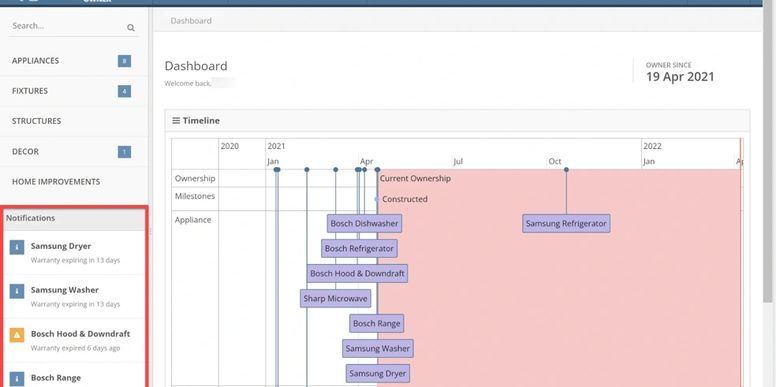 Warranty and maintenance notifications in the HomeCaddy platform